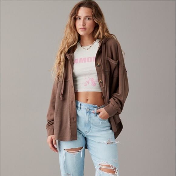 American Eagle Outfitters Jackets & Blazers - American Eagle Big Hug Hooded Shacket Brown L/XL Waffle Cozy Button Front Top